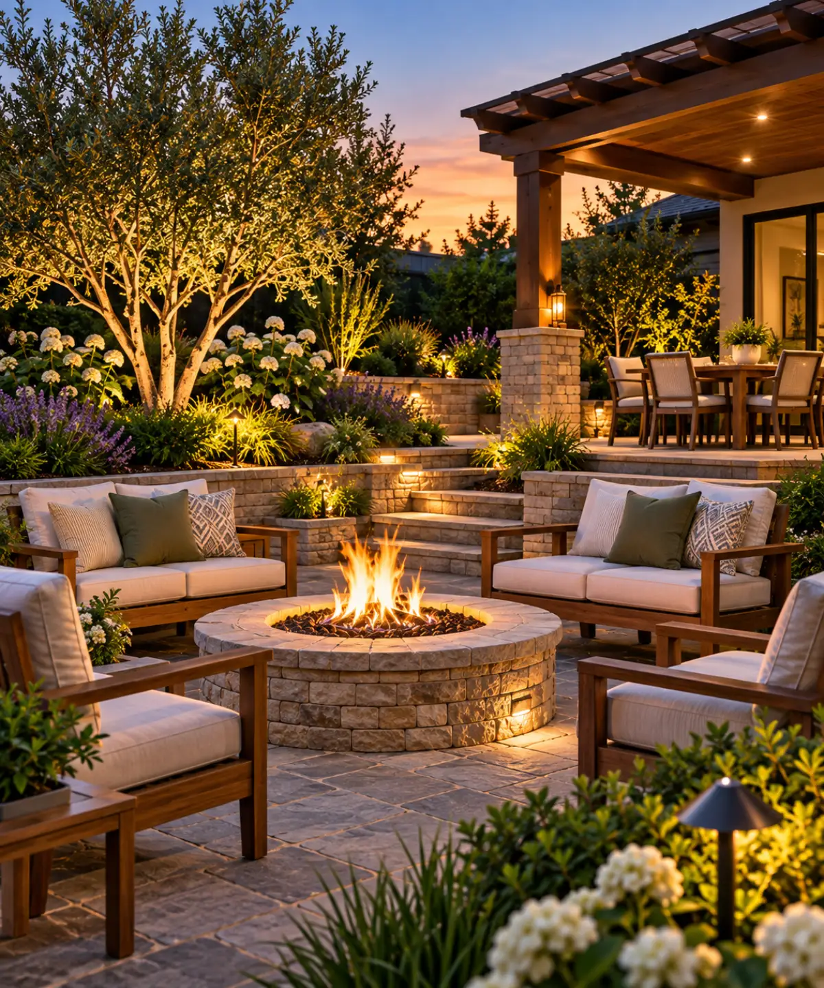 Landscaped backyard retreat with fire feature and seating